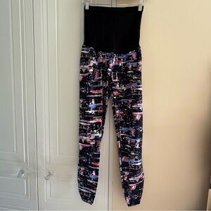 Motherhood Maternity Pants Sz L Black Purple Retro Print Stretch PullOn Leggings